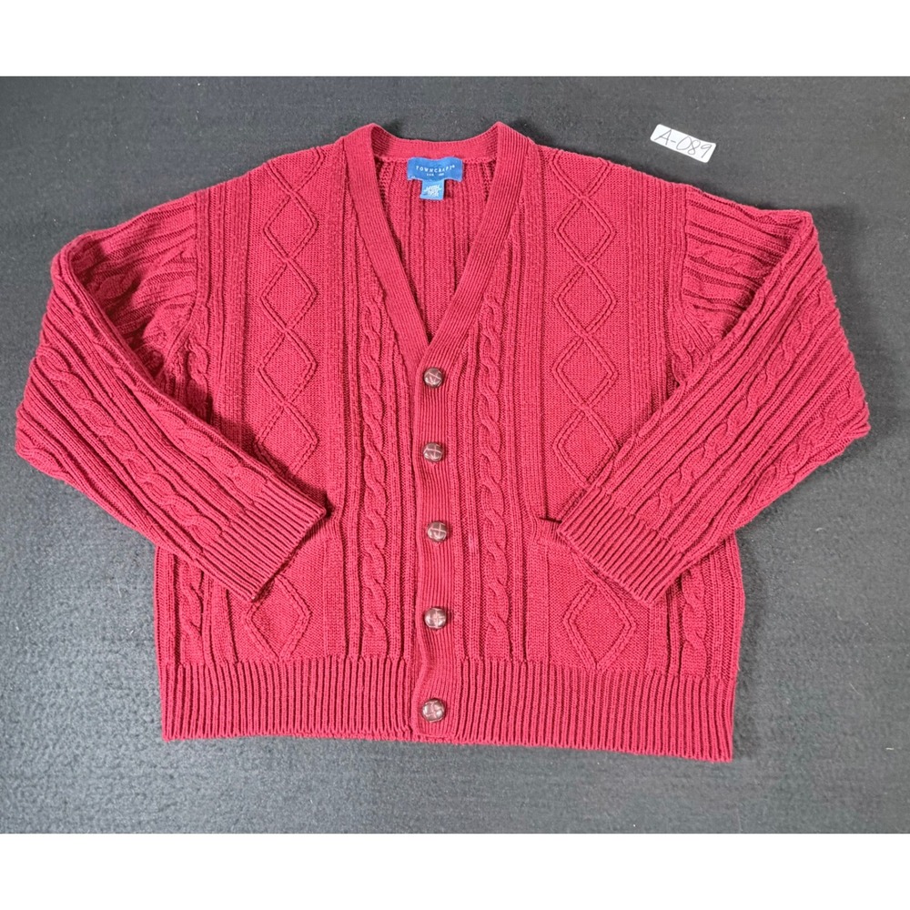 Towncraft Mens Red Cable Knit Cardigan Sweater V-Neck Button Front Large